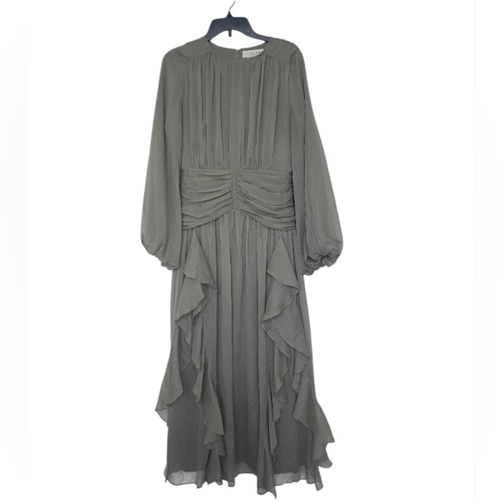 Olive Green Ruffle-Trim Maxi Dress with Long Sleeves